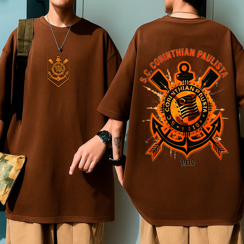 Camiseta Oversized Bege Unissex de Algodão, Estampa Corinthians Paulista em Estilo Grunge e Gradiente Laranja com em Oferta na Shopee