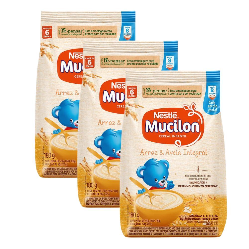 Kit 3 Mucilon Arroz e Aveia Integral Cereal Infantil Sachê 180g em Oferta na Shopee