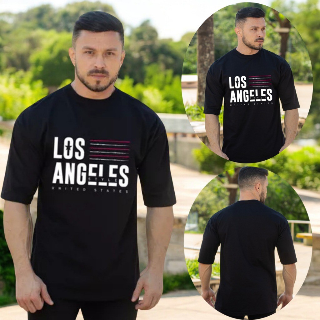 Camiseta Oversized Masculina Los Angeles Style Gola Redonda Algodão Estampa Academia Streetwear