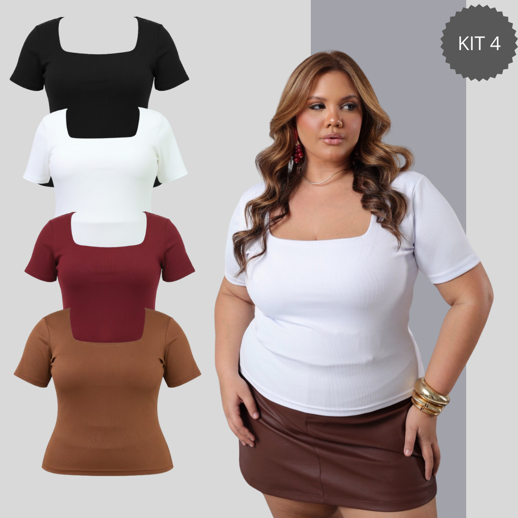 Kit 4 Blusas Femininas Ribana Canelada Gola Quadrada Plus Size Verão Cores Neon Cor Neutra CandyColor BrasilCore