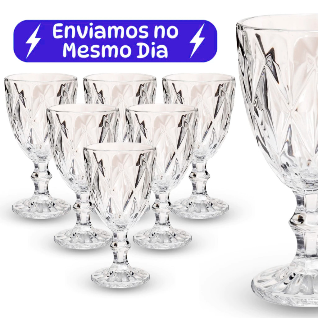 Jogo 6 Taças Diamante de Vidro Transparente Bico de Jaca Abacaxi 330ml Taça Suco Vinho Luxo Gourmet