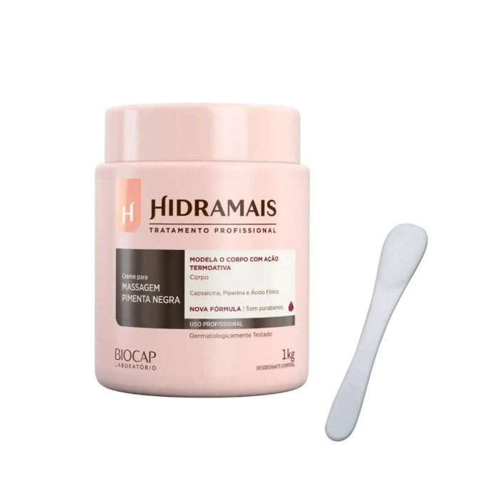 Creme Para Massagem Pimenta Negra Com Nano Cafeína Hidramais 1Kg E Espátula Acrílica (Brinde)