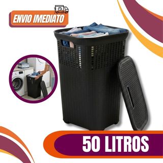 Cesto Telado Rattan Preto 50 Litros Com Tampa Premium em Oferta na Shopee