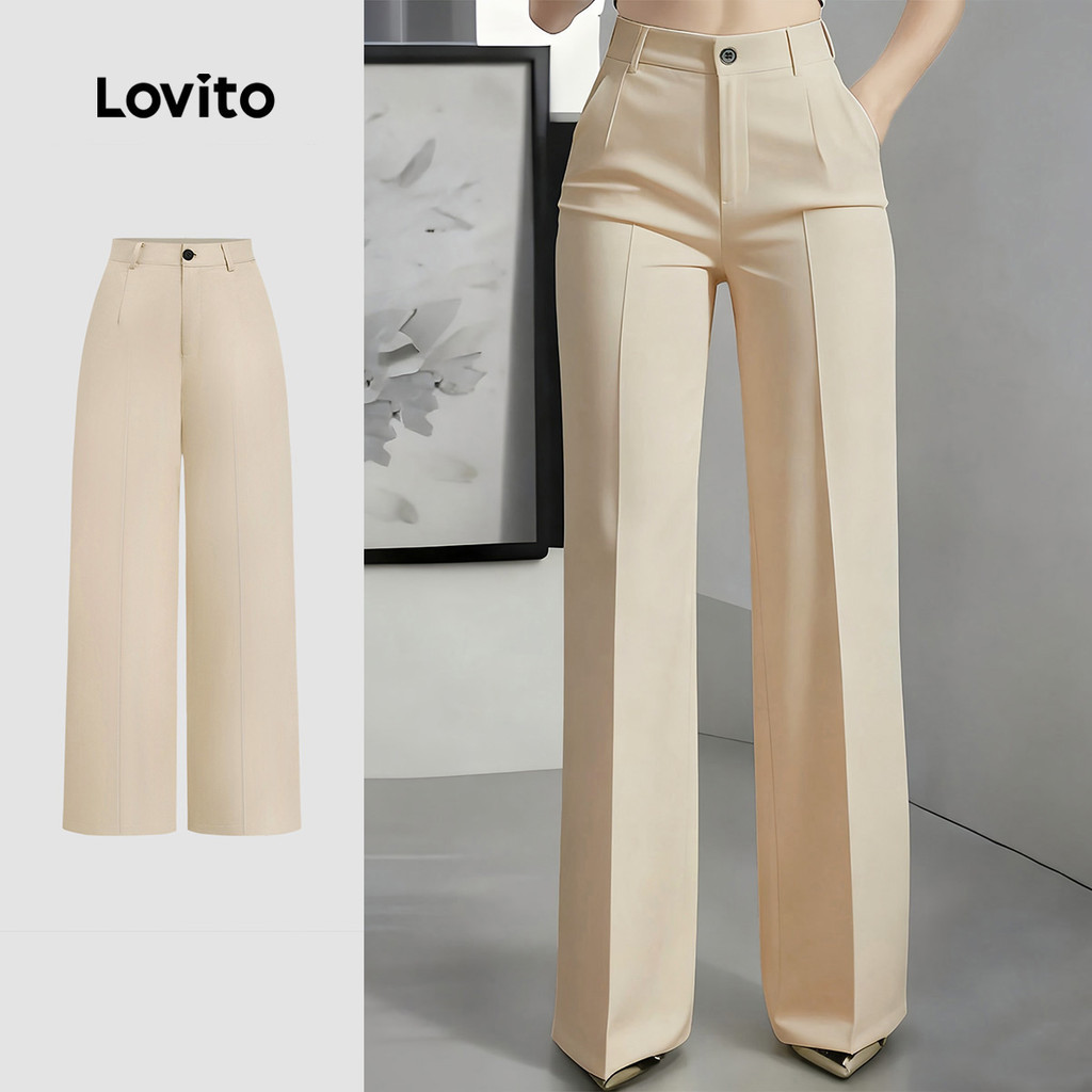 Lovito Calça Casual Minimalista Modela As Pernas Calça Leve de Primavera/verão em Cáqui para mulheres. L178ED221
