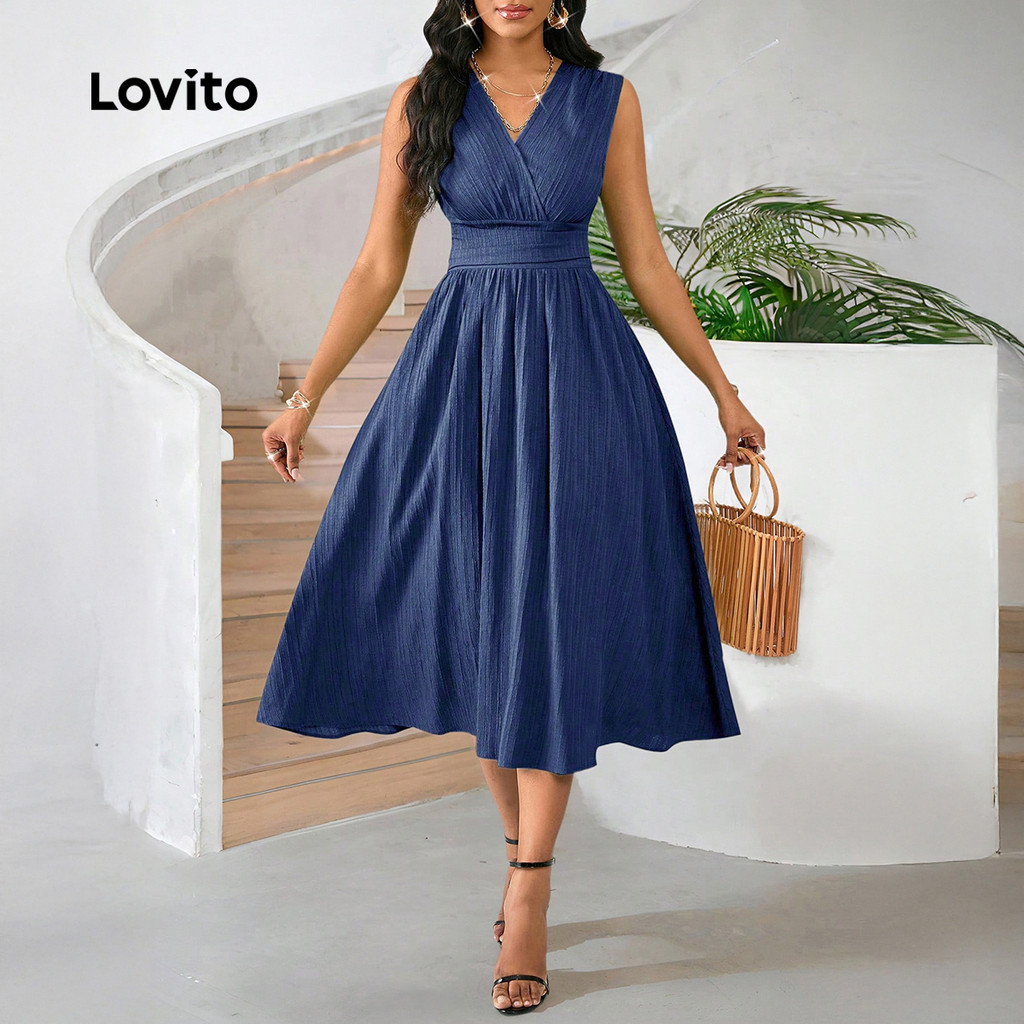 Lovito Vestido Evangelico Elegante Feminino Plissado Primavera/Verão Azul Marinho LK2LD301