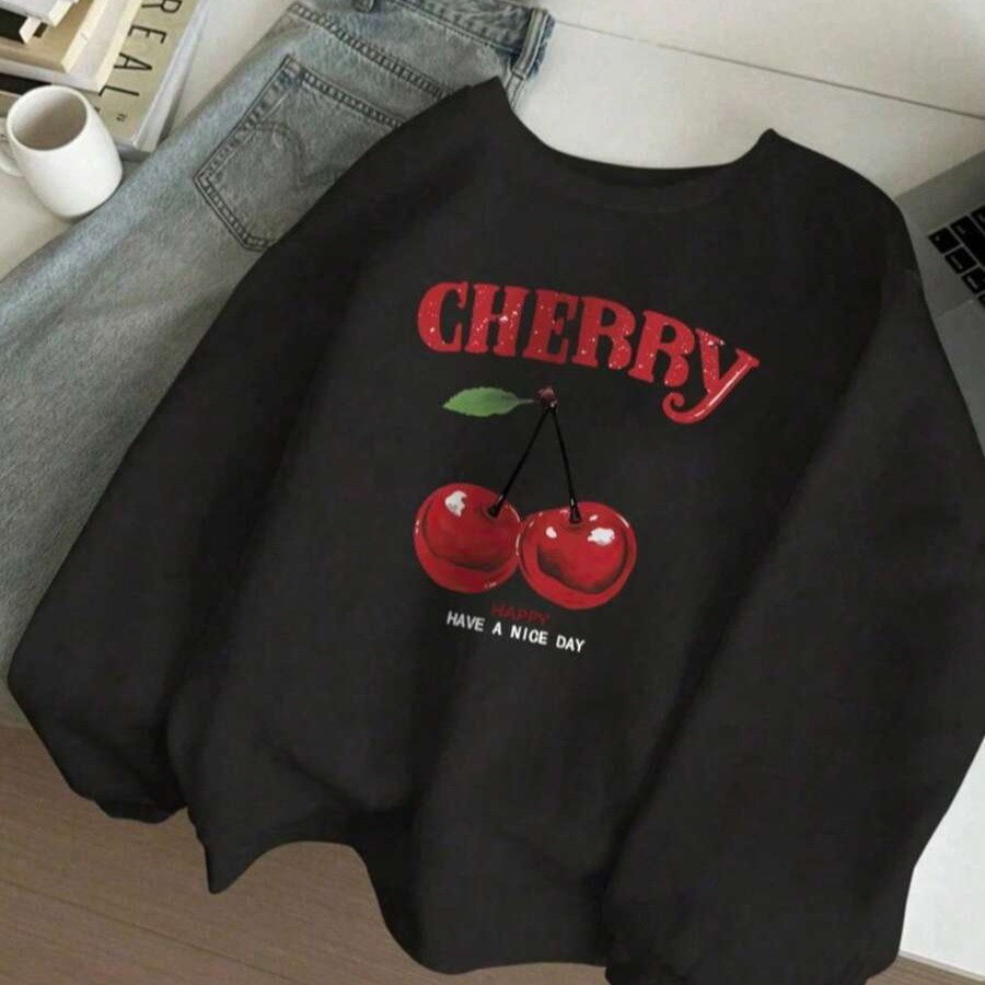 Blusa de Moletom Feminina Cherry cereja Casaco Linha Premium Gola Redonda sem capuz manga comprida