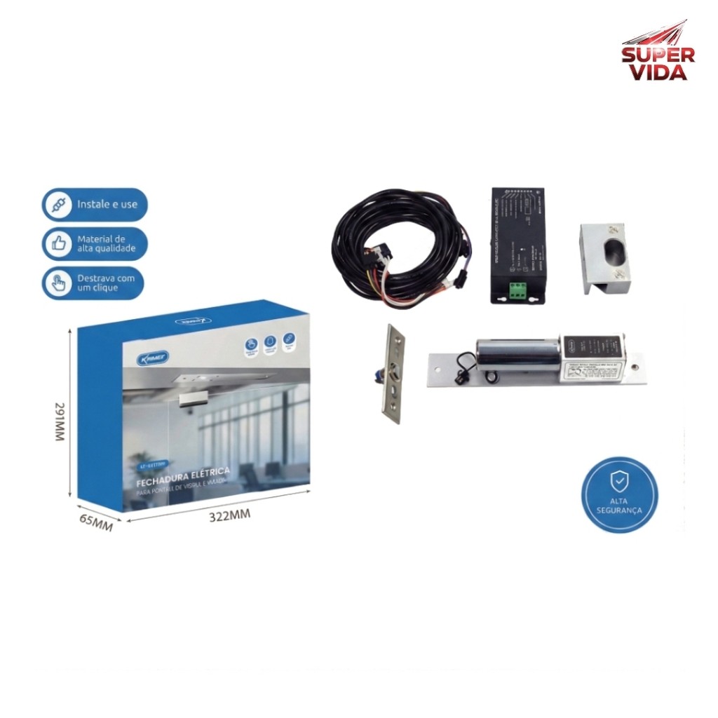 Knup Fechadura Elétrica Controle de Acesso Inox 12V com Botão Fonte e Cabos 3m Kit KP-RE1040