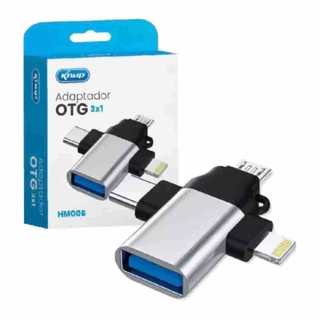 Adaptador OTG 3 em 1 USB Type-C Lightning V8 Conecte Pendrive Mouse Teclado em iPhone iPad e Android FAT32 ou exFAT