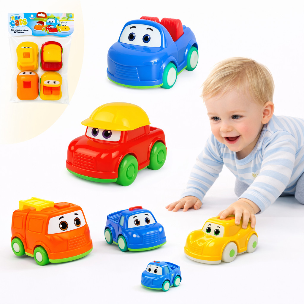 Kit 4 Carrinhos Educativos Didático Sensorial Infantil Colorido Carro Kombi Com Rodas Menino Bebê