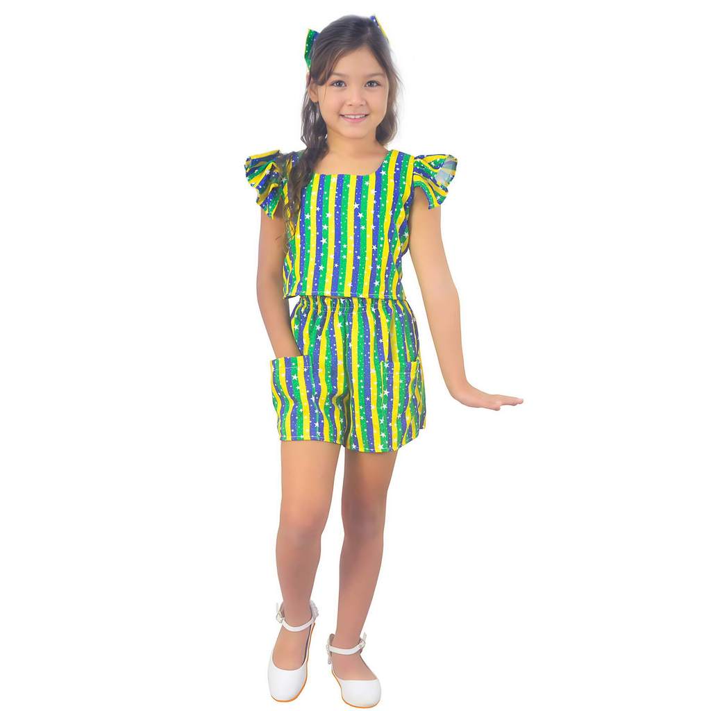 Conjunto Infantil Tema Copa Brasil - Blusa e Short e Enfeite de Cabelo