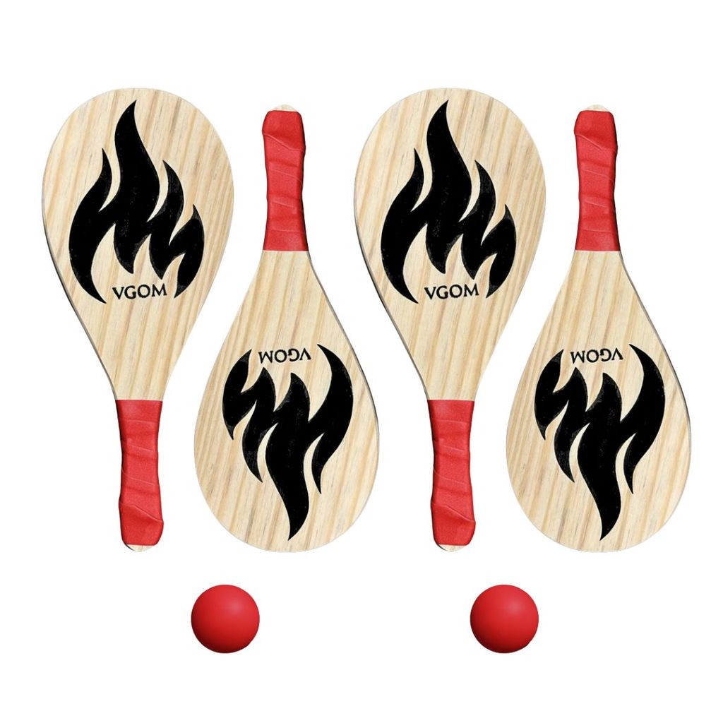 Kit Raquetes 4 De Madeira Para Frescobol Cabo Vermelho + 2 Bolinhas de Borracha Esporte Diversão Vermelho