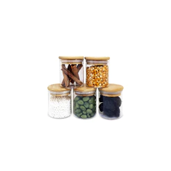 Potes de Vidro P/ Mantimentos C/ Tampa Bambu 200ml - 5 Pçs Oikos