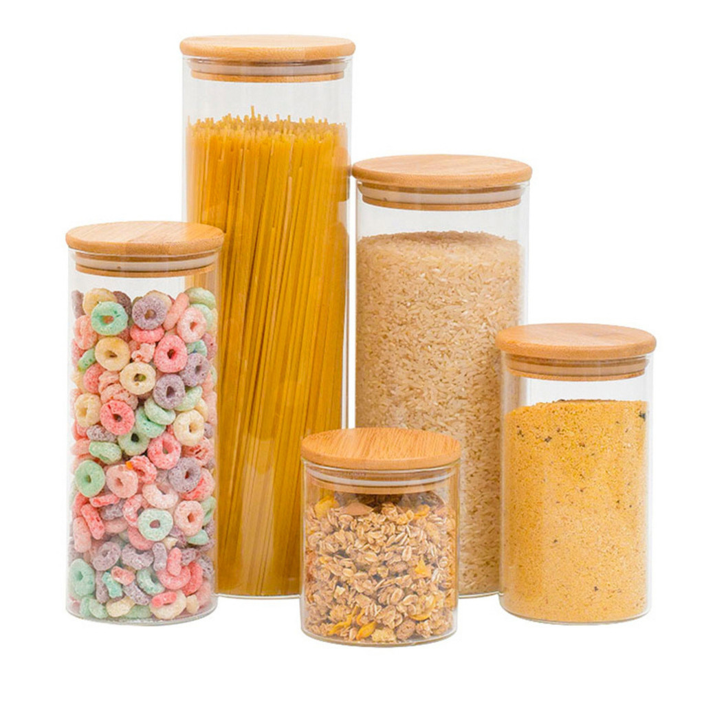 Kit de 5 potes de vidro com tampa de bambu hermético - Tüd