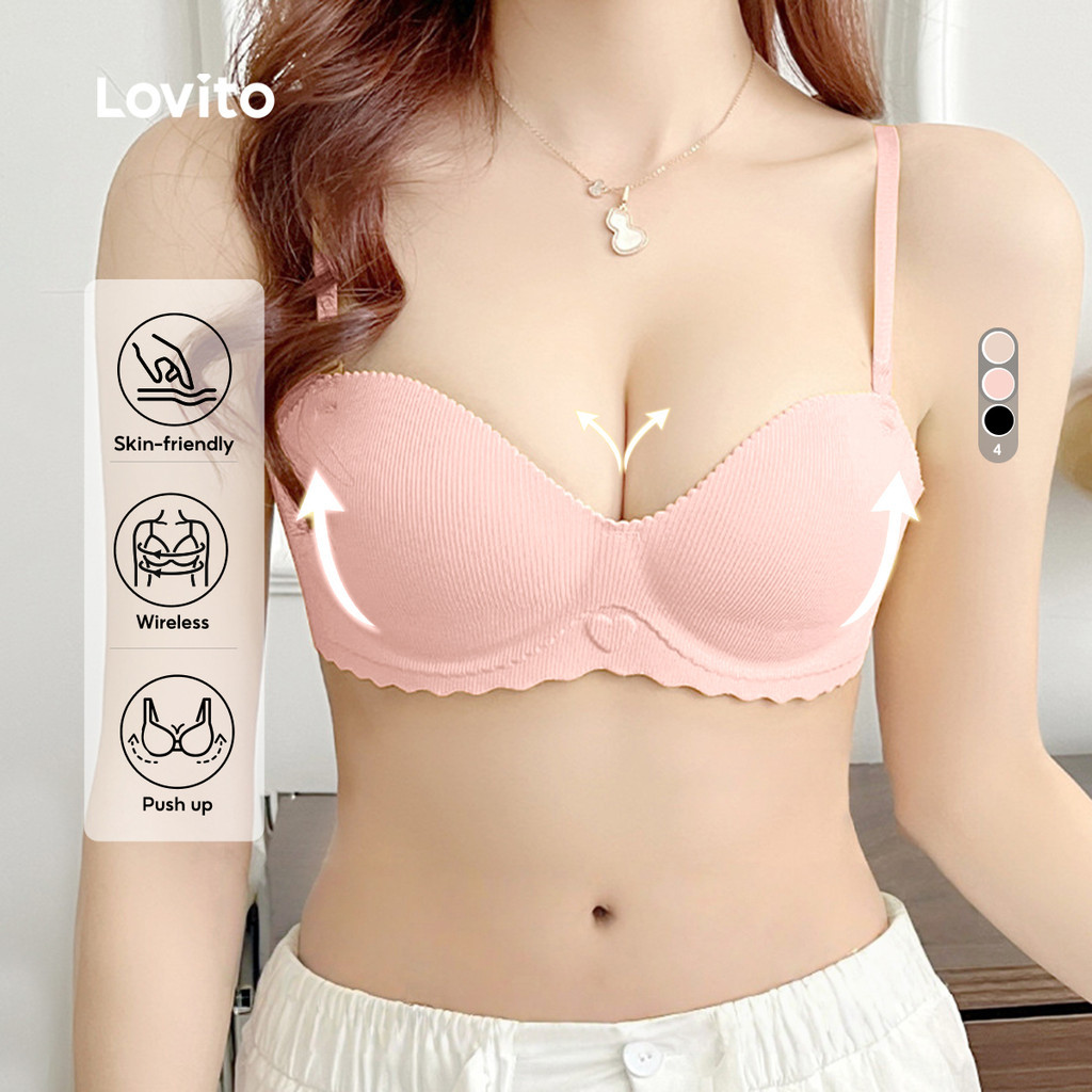 Lovito Sutiã Sexy Bralette Antialérgico Sem Costura Sem Fio Push-up Preto para Mulheres LNE117245
