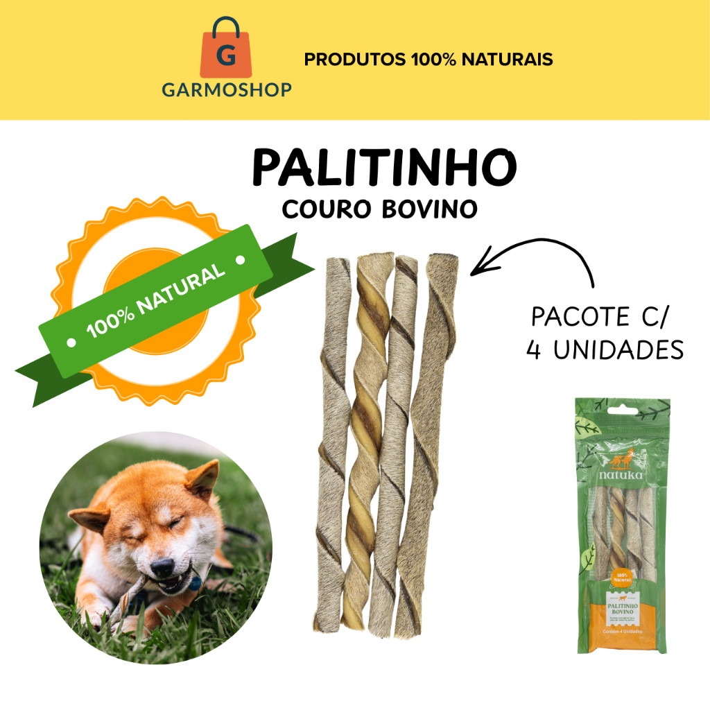 Mordedor Natural Natuka Palitinho de Couro Bovino 4un para Cachorro Brinquedo Pet