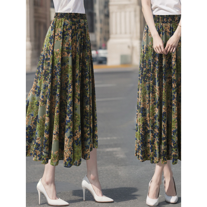 Drape saia elástica longa Floral gelo seda high-End verão novo estilo saia plissada sentir cintura alta saia feminina ci