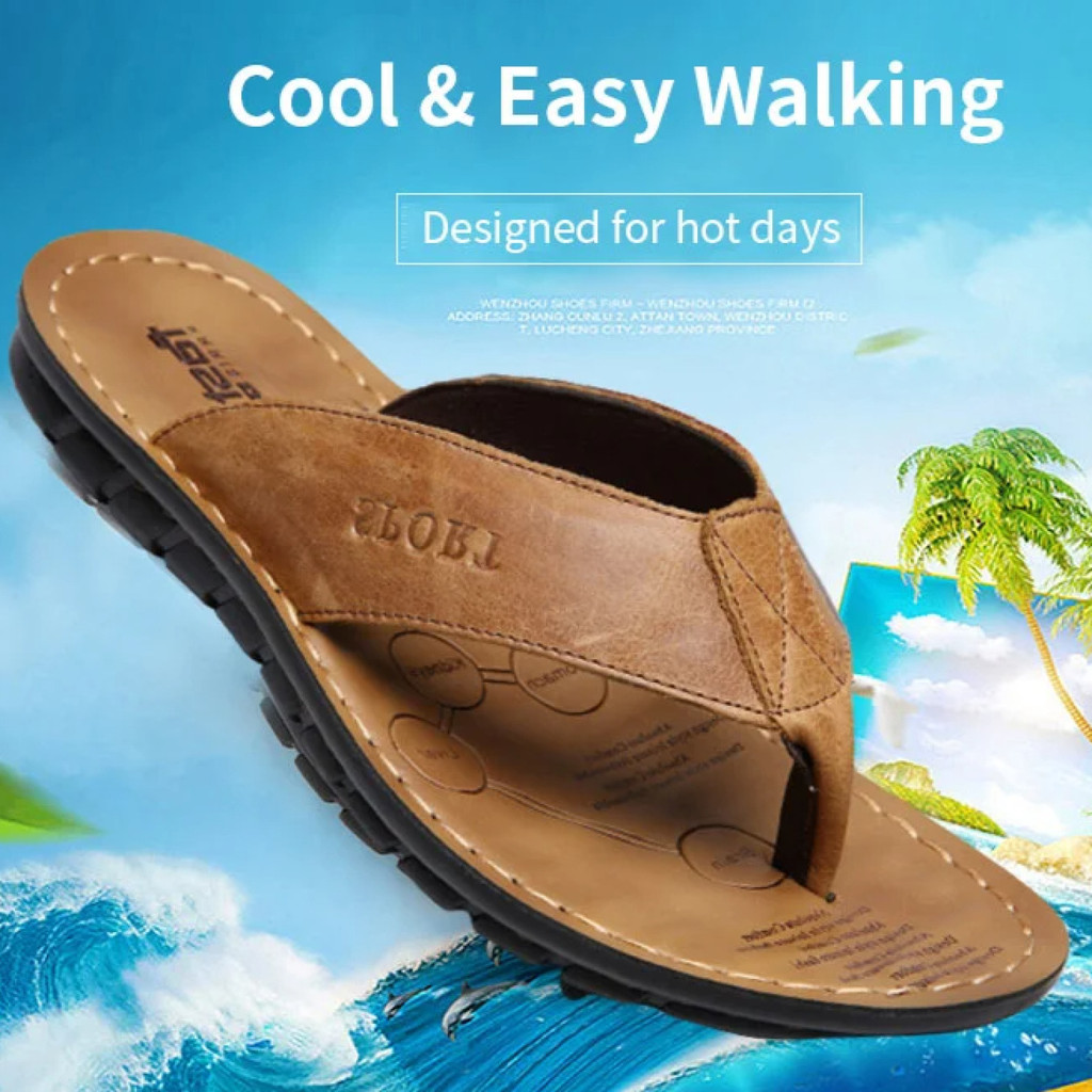 【Couro 100% Natural】Sandália Havaiana Masculina Co Ortável Praia/Chinelo Slide Couro Legítimo/Calçado Verão