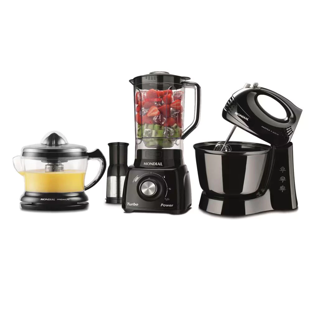Conjunto Especial KT-105-B Espremedor Premium, Batedeira Prática, Liquidificador Turbo Power Mondial