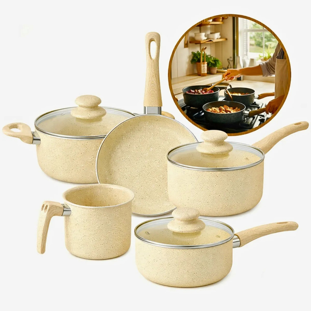 Conjunto Panelas 5 Peças Indução Gás Conjunto de Panelas Revestido Cerâmica Antiaderente Frigideira Caçarola