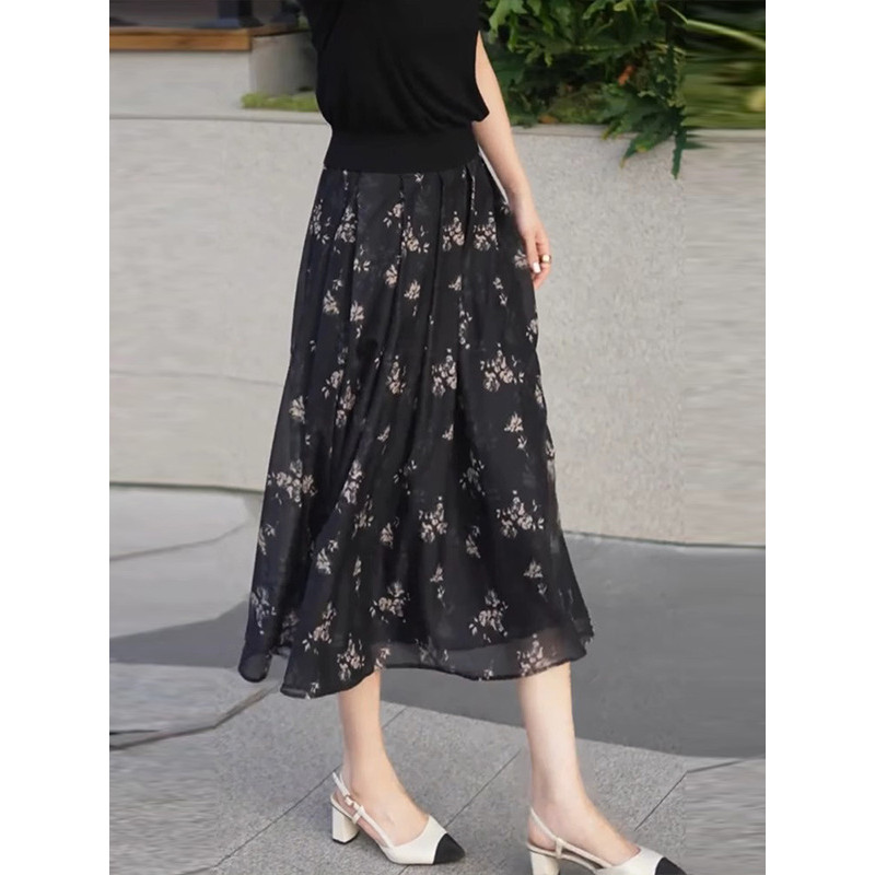 Preto preto moda Floral saia feminina 2026 verão novo estilo tamanho grande solto gordura mm cobrindo gordura mais magro