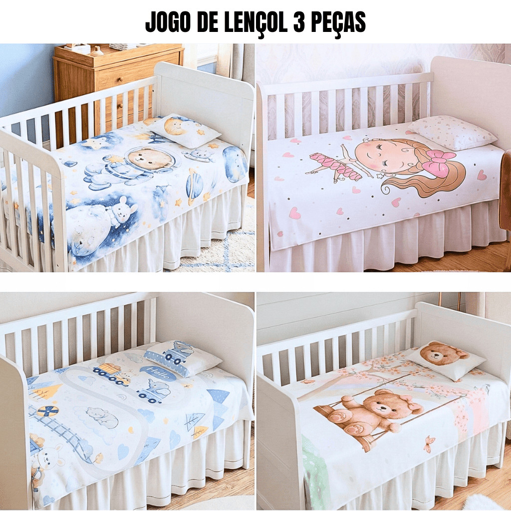 Jogo de Lençol Berço 3 Peças com Elástico Berço Americano Nacional Micropercal Menino Menina