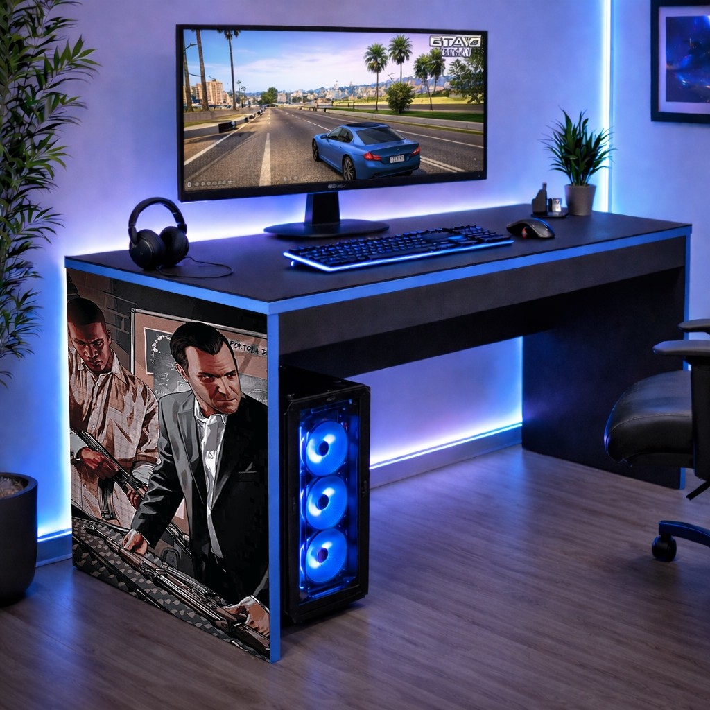 Mesa Infantil Escrivaninha Gamer Preta com Bordas Azuis para Jogos GTA Online V Oferta Achadinho