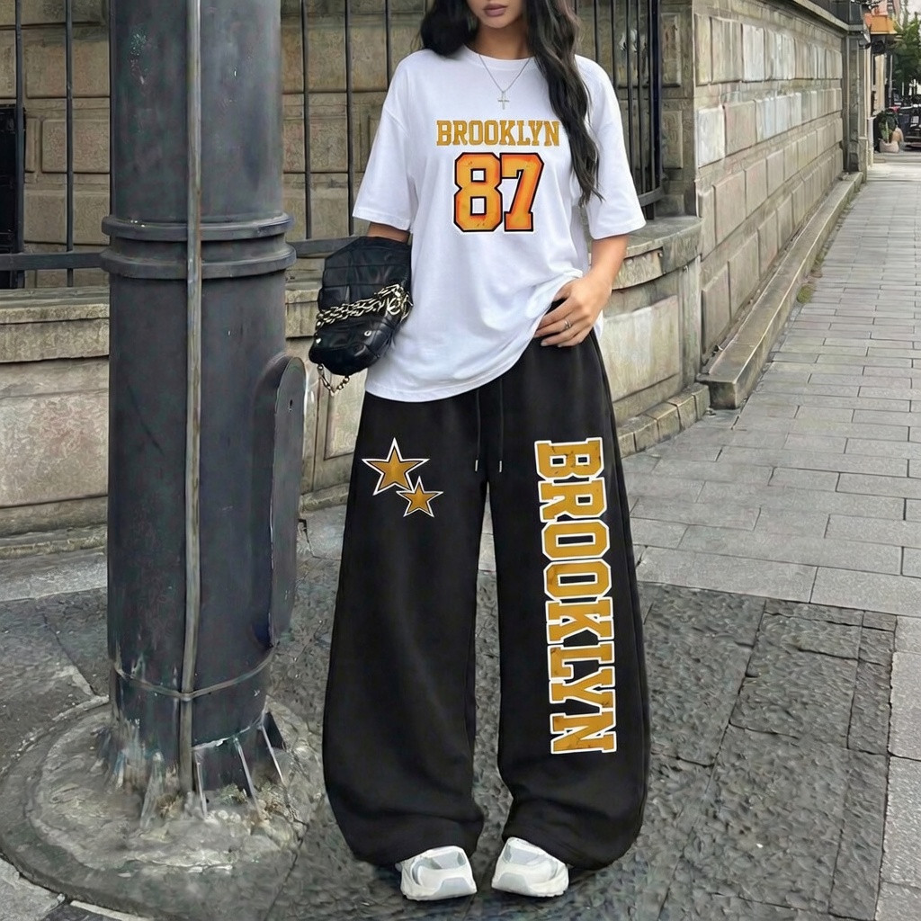 Conjunto Oversized Streetwear Camiseta Brooklyn 87 + Calça Wide Leg