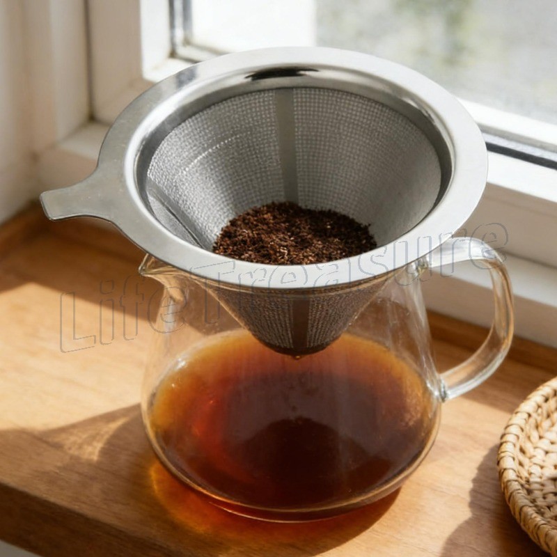 Filtro De Café De Aço Inoxidável-Infusor De Resíduos De Chá-Coador Sem Papel De Cone De Malha Fina-Funil De Tela Floral-