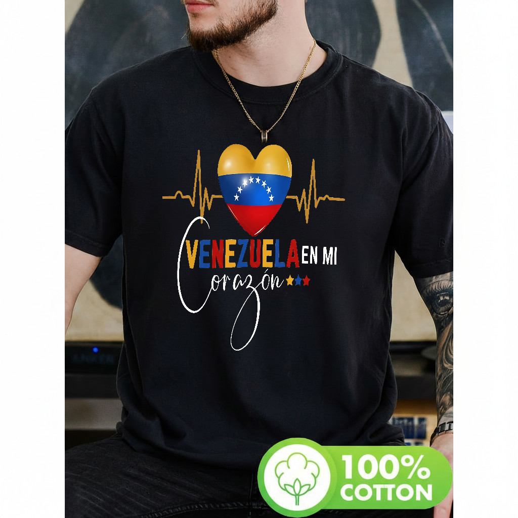 Camiseta Masculina Estampa Coração com Bandeira da Venezuela Eletrocardiograma Moderna Atemporal Estilosa Urban
