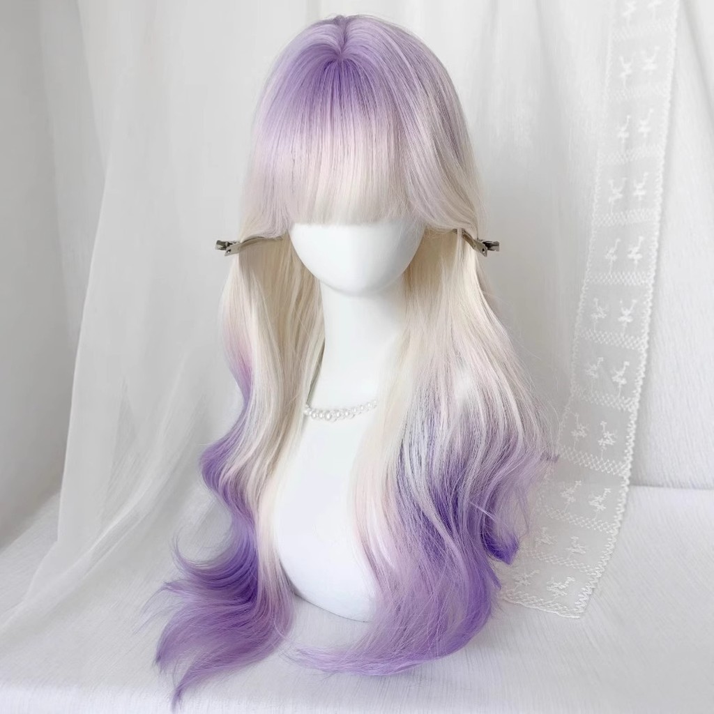 [Violet] Peruca feminina cabelo longo encaracolado onda grande leite branco gradiente roxo atmosfera Natural sentir arnê