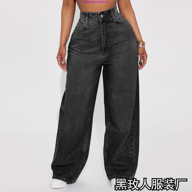 Calça Wide Leg Plus size Pantalona jeans Feminina lisa escura