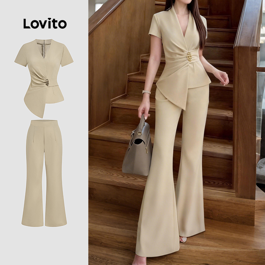 Lovito Elegante Tops ou Bottoms Plissados Primavera/verão Blusa Cáqui Tops ou Bottoms para Mulheres LK2ED1238