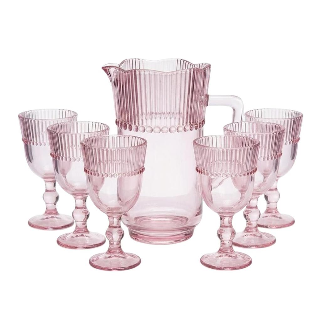 Kit Jogo de Taças de Vidro 6 Peças Linx Rosa 270ml e Jarra de 1,25L