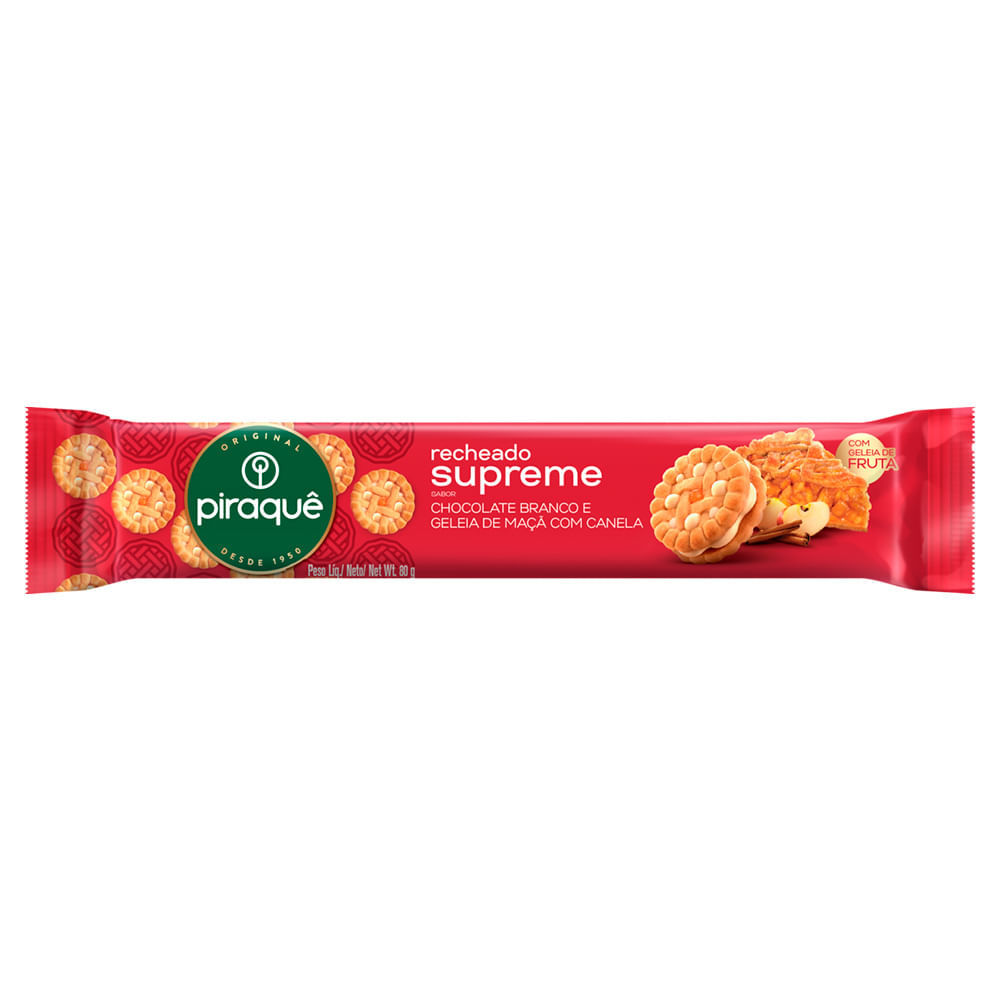 Biscoito Piraquê Supreme Recheado Sabor Chocolate Branco e Geleia de Maçã com Canela 80g em Oferta na Shopee