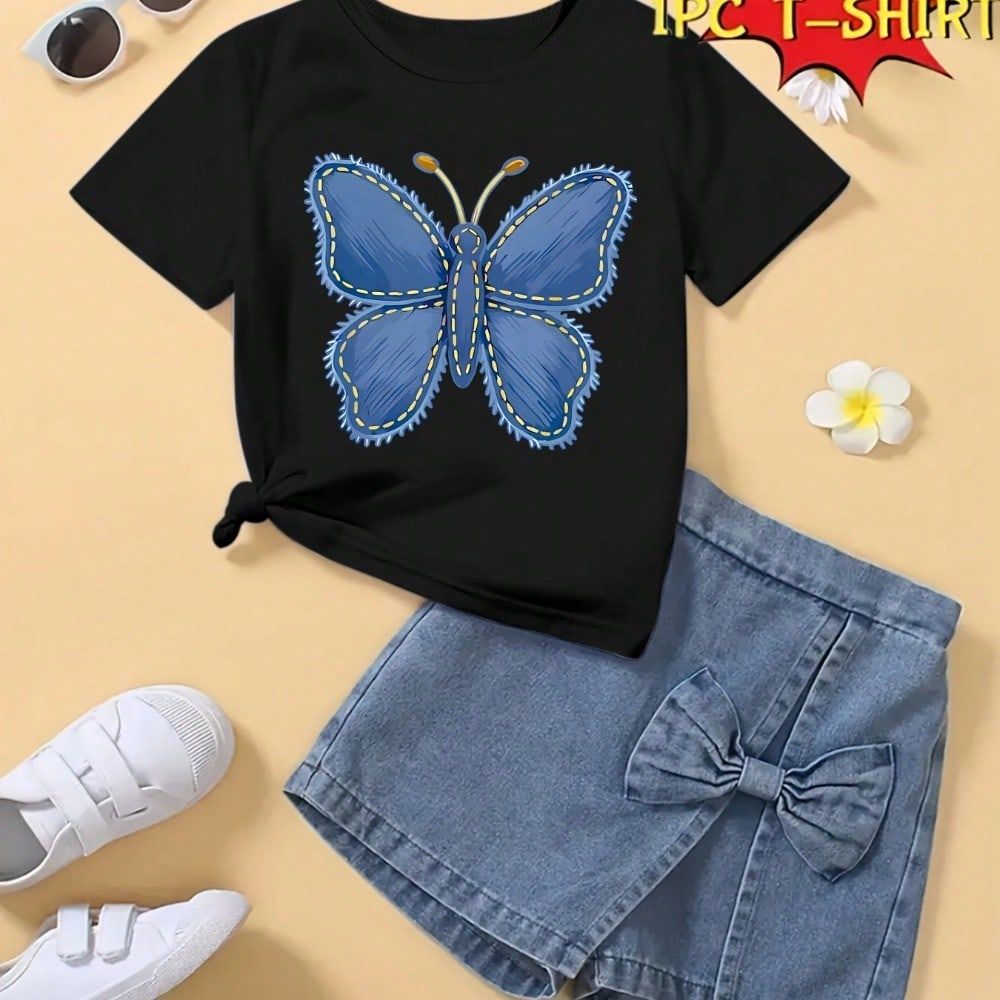 Camiseta Infantil Algodão - Estampa Borboleta Jeans Blusinha ideal para meninas
