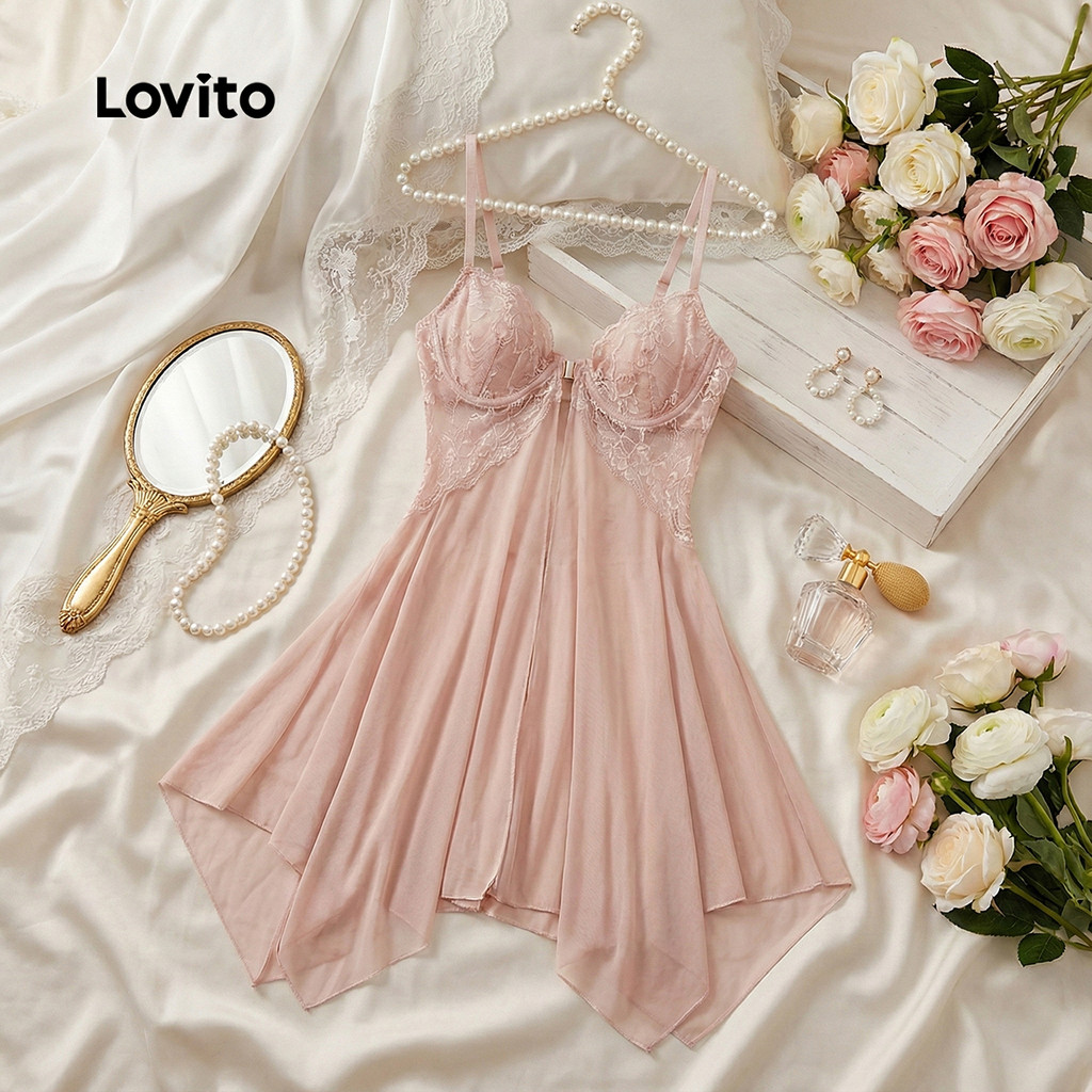 Lovito Camisola Renda Sexy Lingerie Transparente Preto Primavera/Verão Mulheres LNE130097