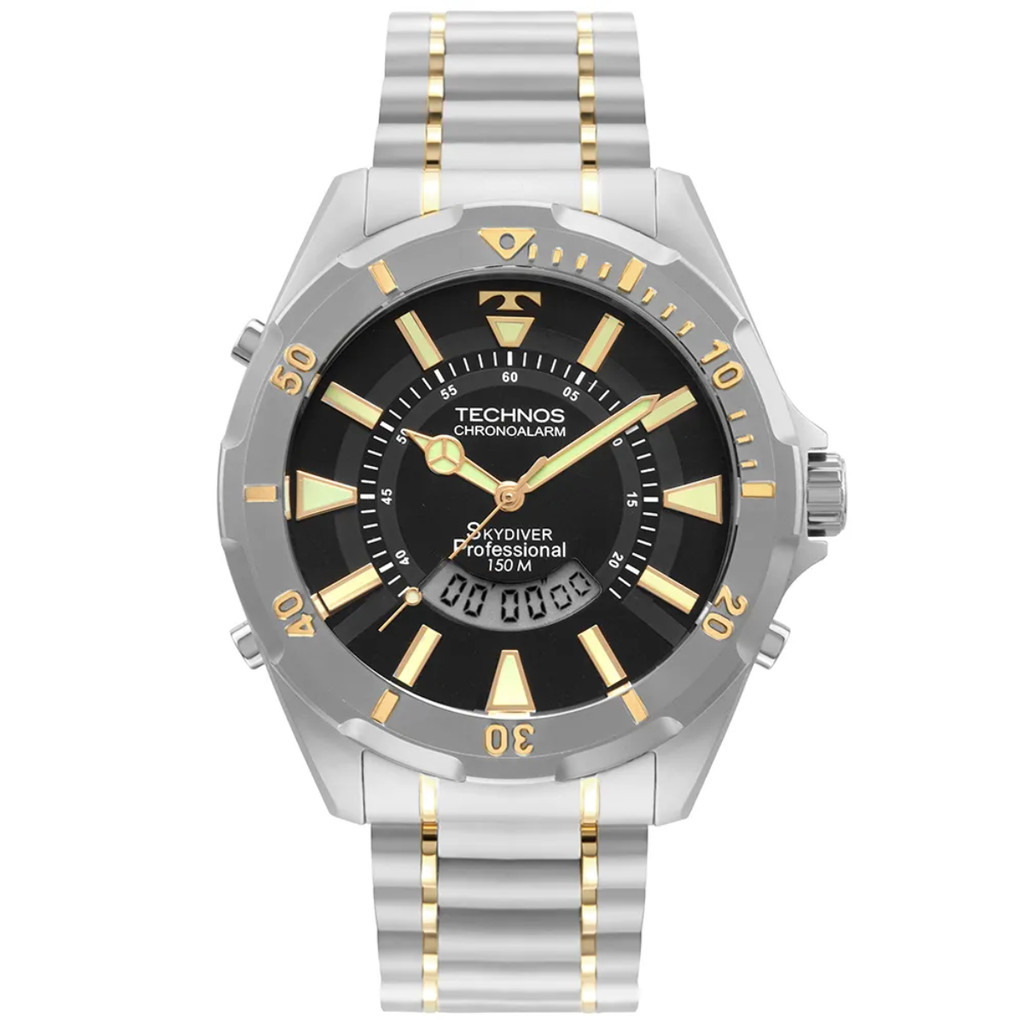 Relógio Pulso Masculino Technos WT205FQN5P Skydiver Prata Fundo Preto Analógico Digital Pulseira Aço Prova D'água 150m