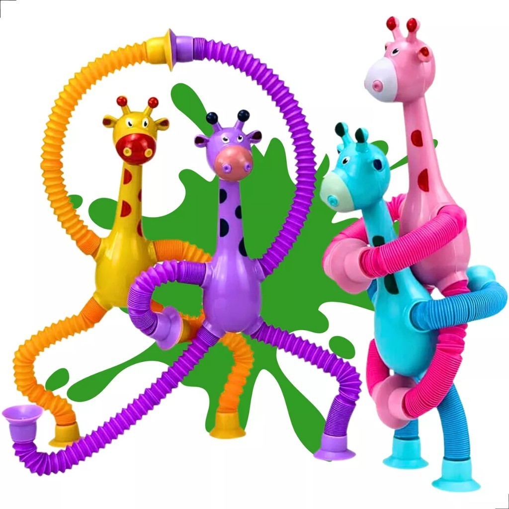 Kit com 4 girafas sucção pop tube luz led com ventosa estica brinquedo infantil