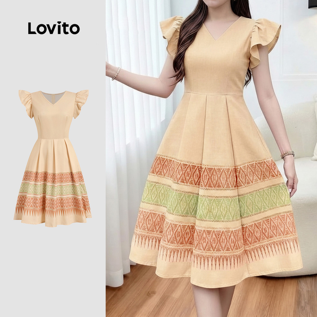 Lovito Vestido Elegante com Babados Estampa em Zíper Primavera/verão para Mulheres LBL34012 Lovito Vestido Elegante com Babados Estampa em Zíper Primavera/verão para Mulheres LBL34012