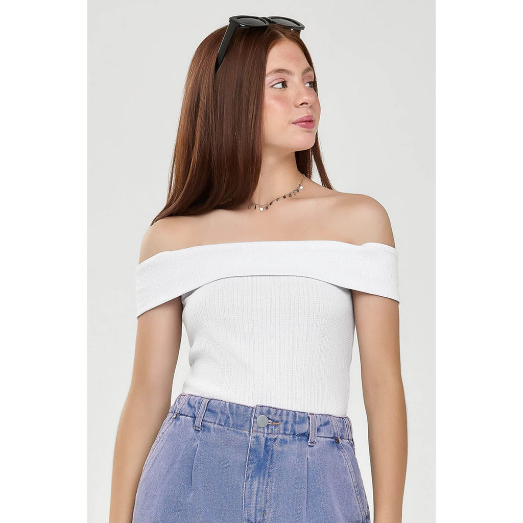 Blusa Juvenil Menina Ombro a Ombro Canelada Beats Branco