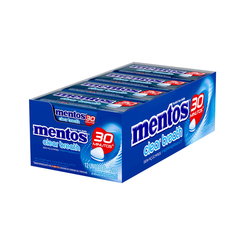 Pastilhas, Sem Açúcar, Sabor de Menta, Display, Mentos, Clear Breath Peppermint - 420 g | 12 Unidades