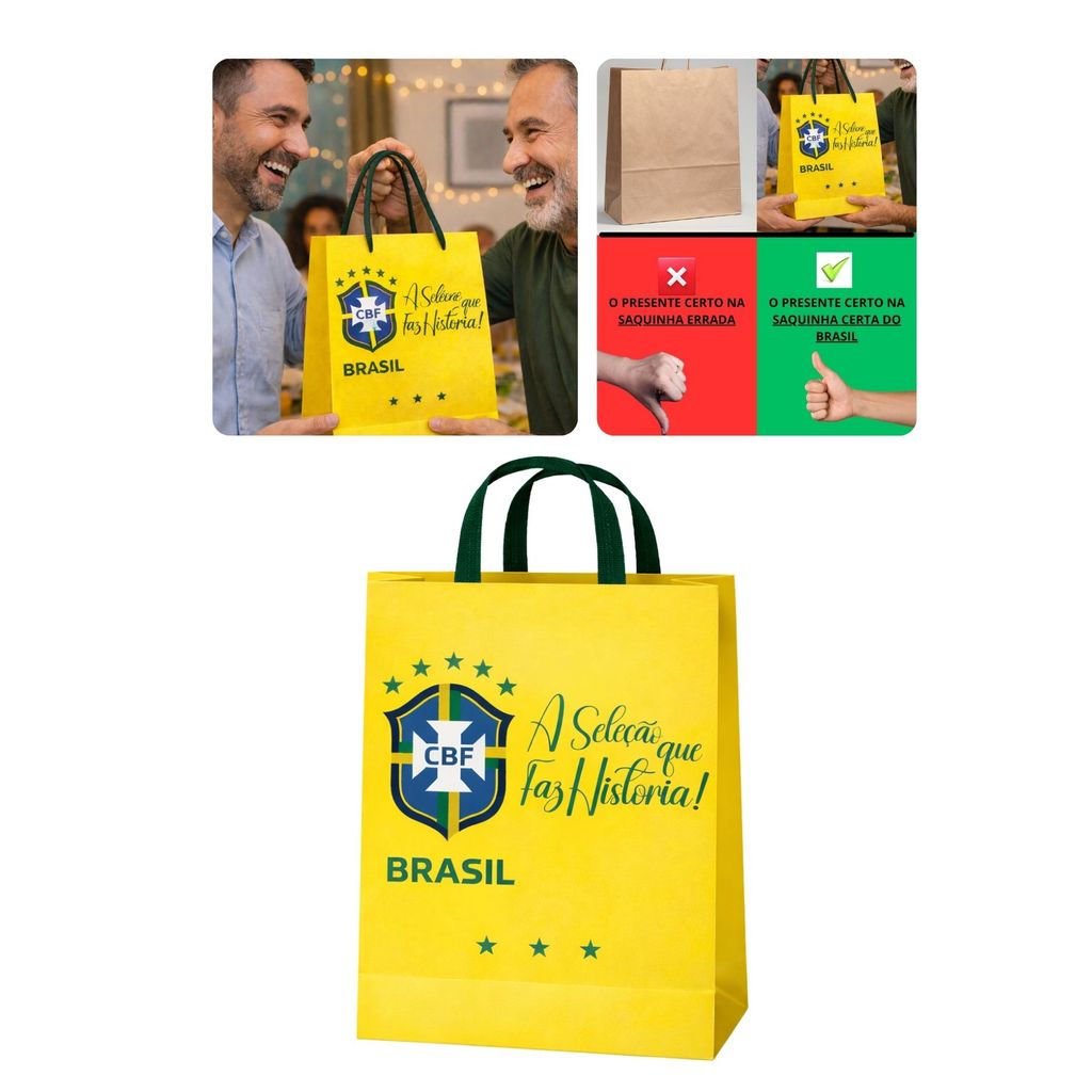 Sacola Papel Off-Set C\ Alça Gorgurão Seleção Brasileira Presente Brasil Para Camisas Chinelos Copos