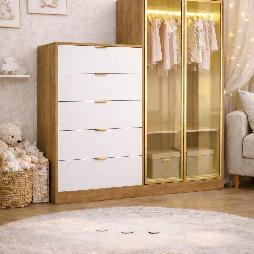 Comoda Infantil 5 Gavetas 2 Portas Reflecta Laranja/Tauari Ambar/Off White
