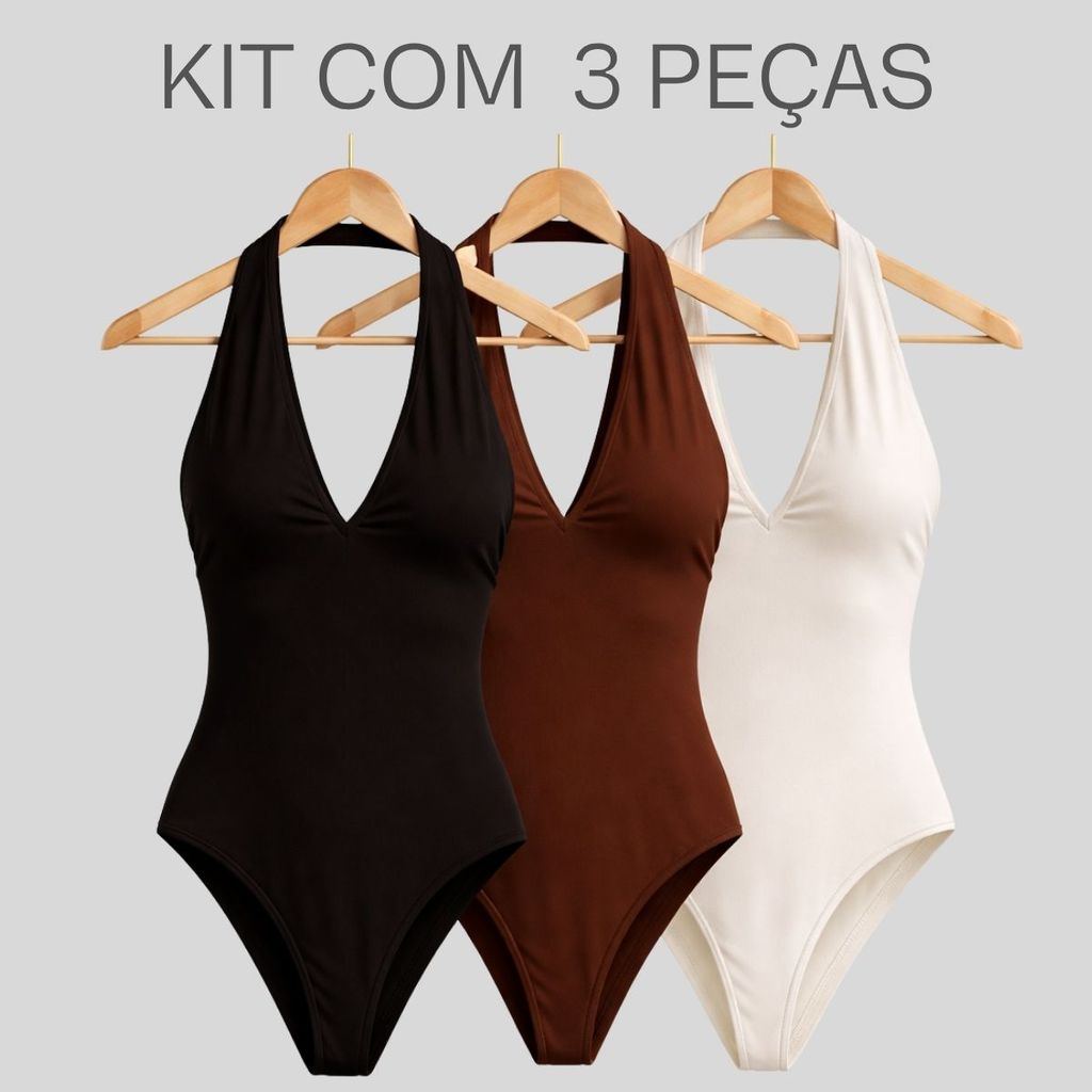 Kit 3 Body Suplex Feminino, Bori Frente Única, Sem Bojo, Blusa Marrom, Preto