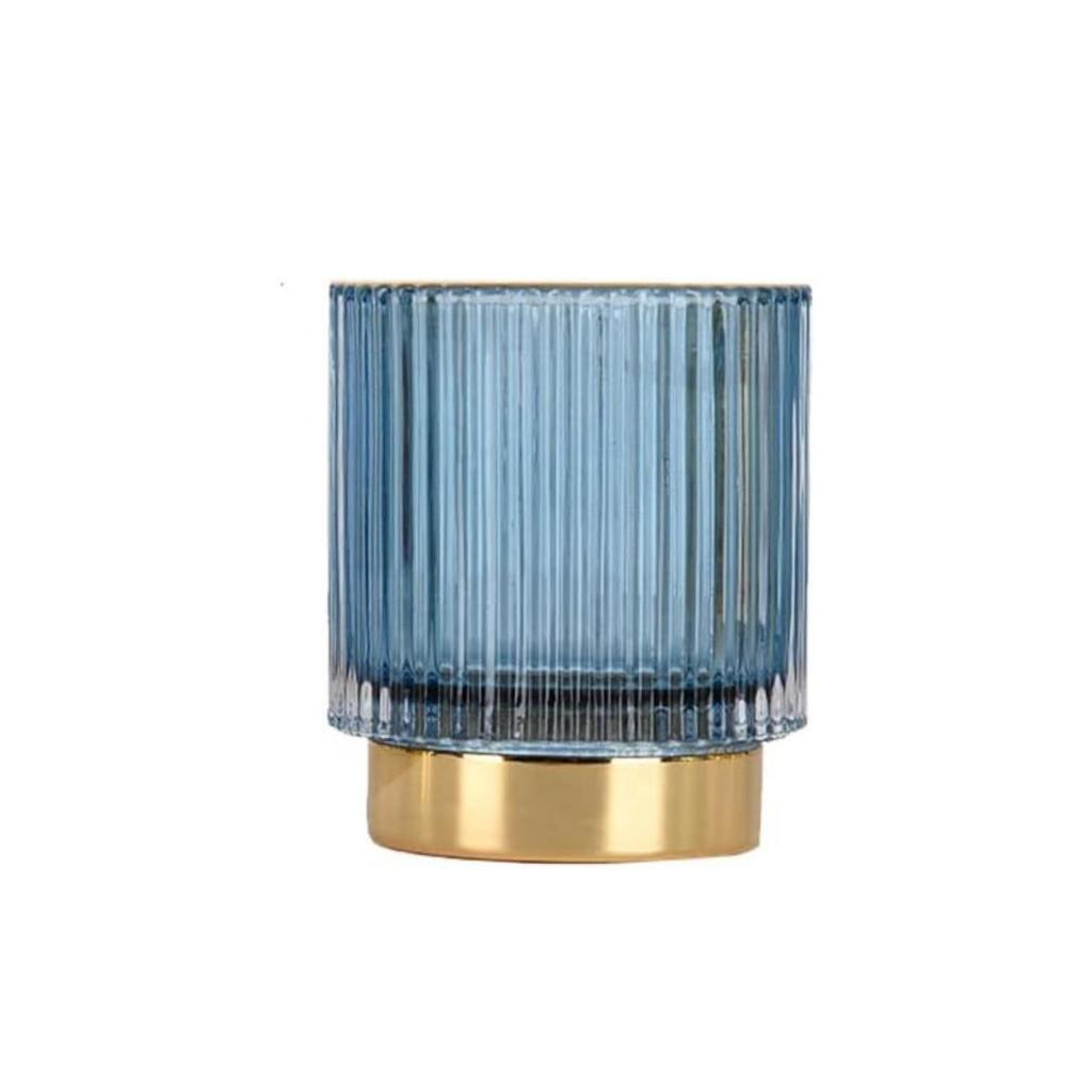 Castiçal Vidro Canelado Azul com Dourado  8x7CM