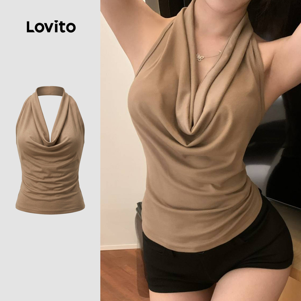 Lovito  Top Casual Plissado Elegante de Primavera/verão Caqui para mulheres LNE141033 em Oferta na Shopee
