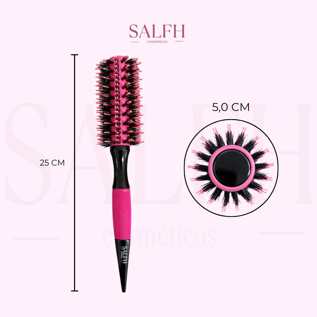 Escova de Cabelo Profissional Térmica Cerâmica Cerdas Duplas Javali Nylon Cerâmica 50mm Rosa