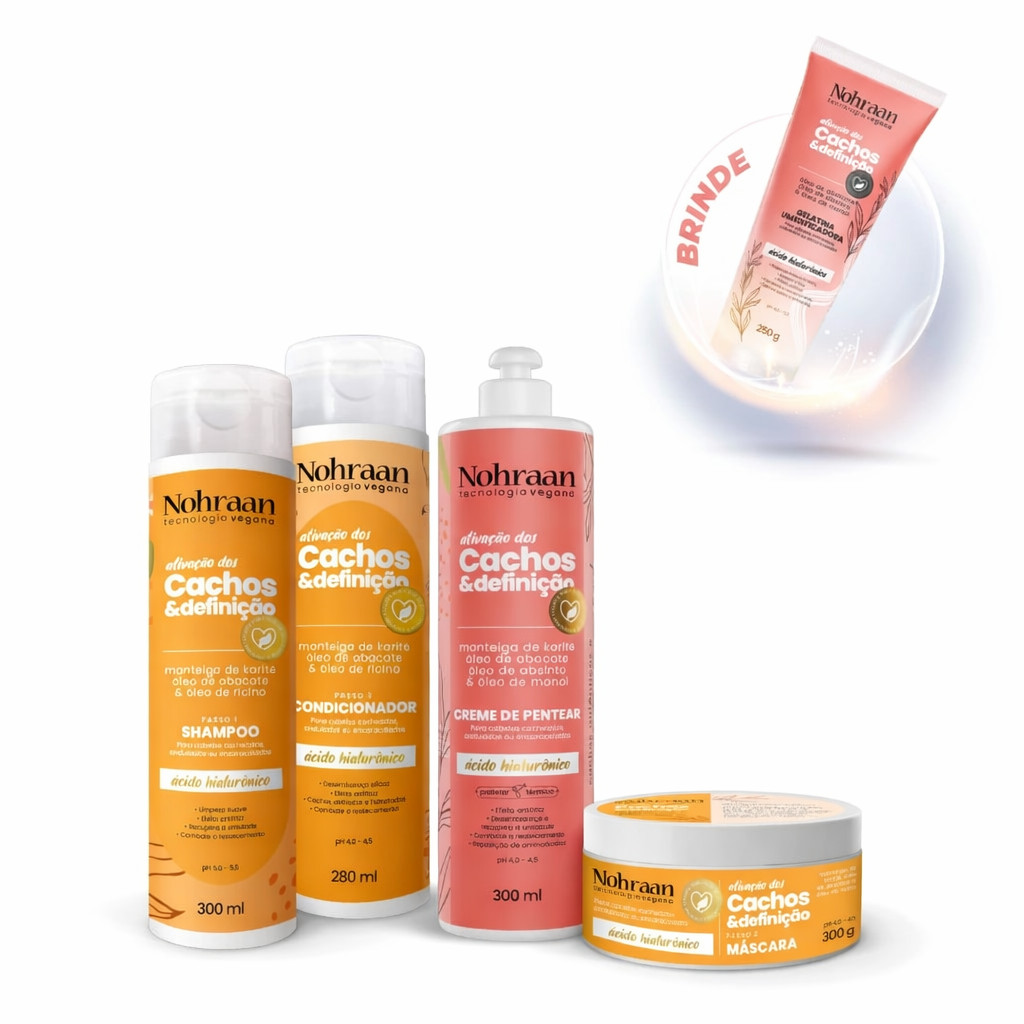 Kit Linha Cachos – Shampoo + Condicionador + Máscara + Creme de Pentear Absinto + Gelatina Absinto de Brinde | Nohraan
