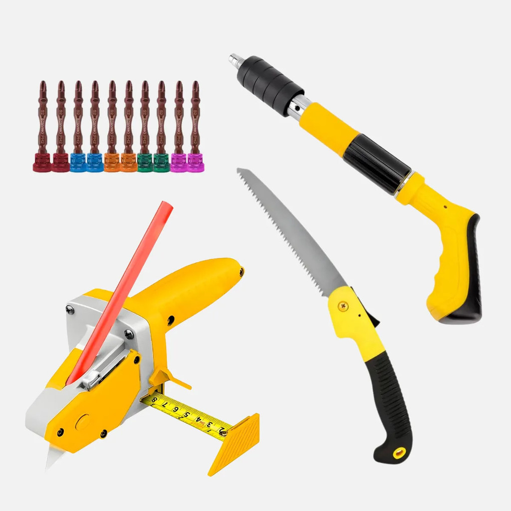 Kit Gesseiro Cortador de Gesso Drywall + Serrote Dobrável + Ponteiras Phillips Imantadas + Pistola Fica Pregos e Pinos