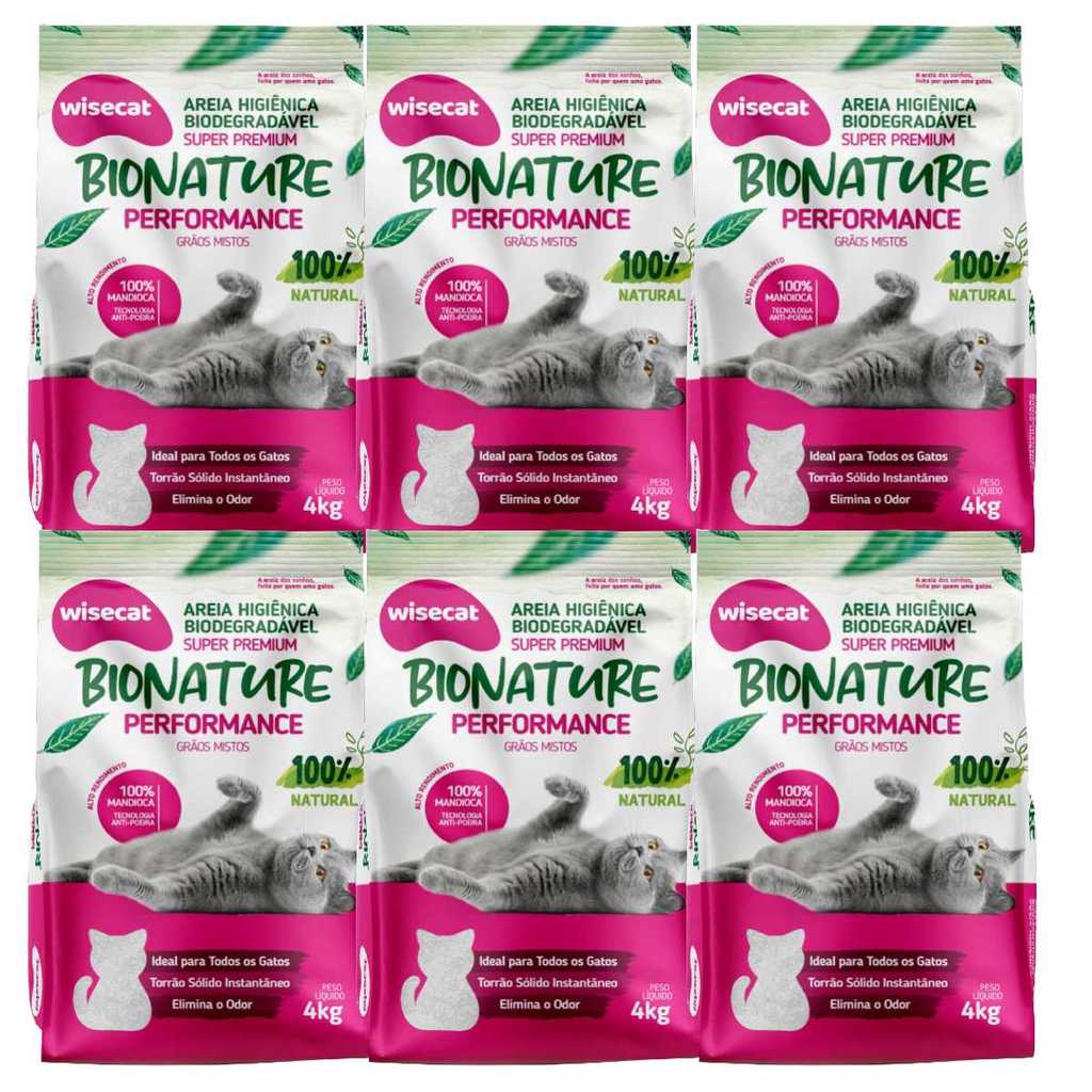 Kit 24kg Areia Biodegradável Para Gatos Wisecat Bionature Performance - 6 Pacotes 4kg